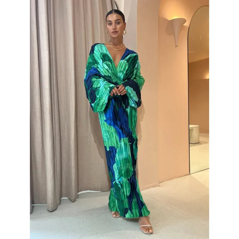 Pleated V-Neck Maxi Dress for Women