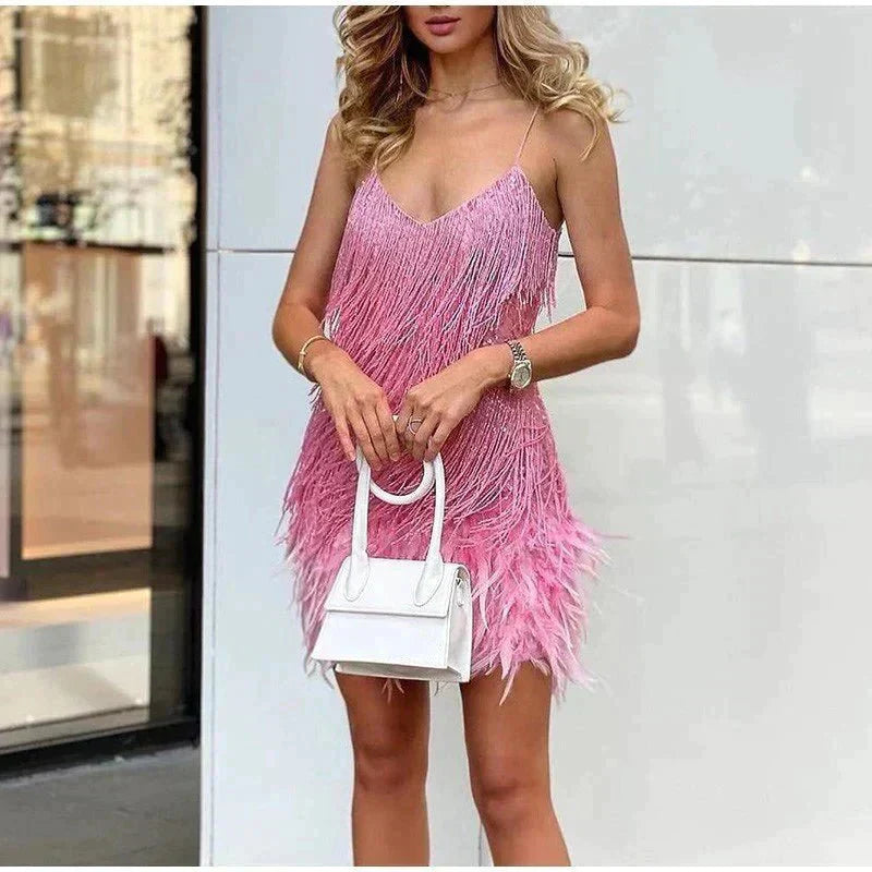 Women's Feather Mini Dress Glamorous & Playful