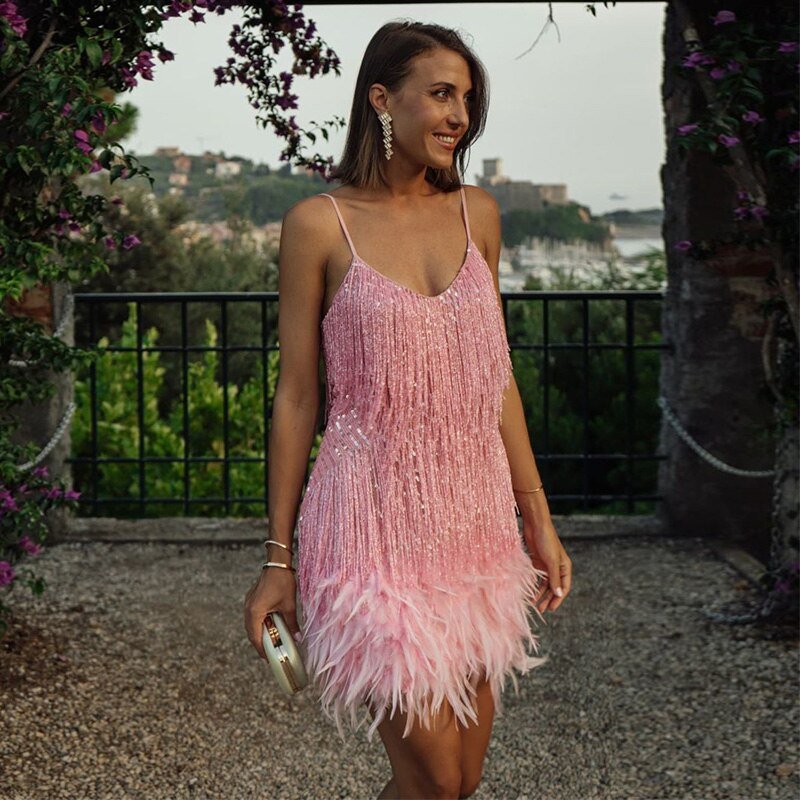 Women's Feather Mini Dress Glamorous & Playful