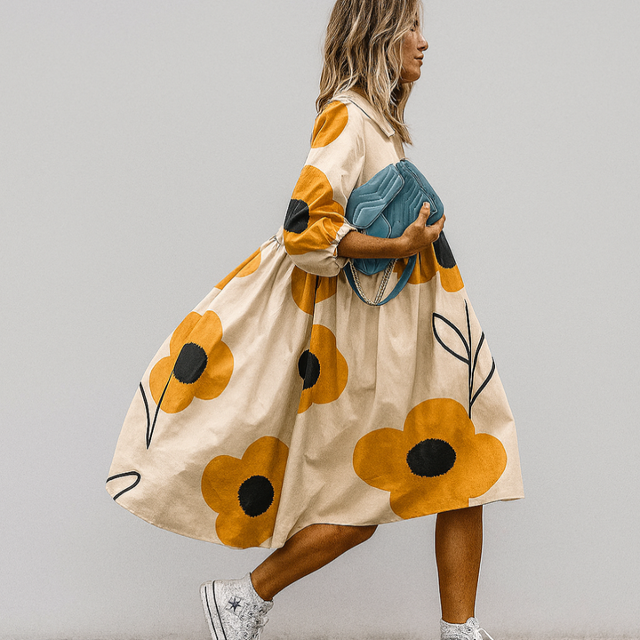 Oversized Floral Print Midi Shirt Dress
