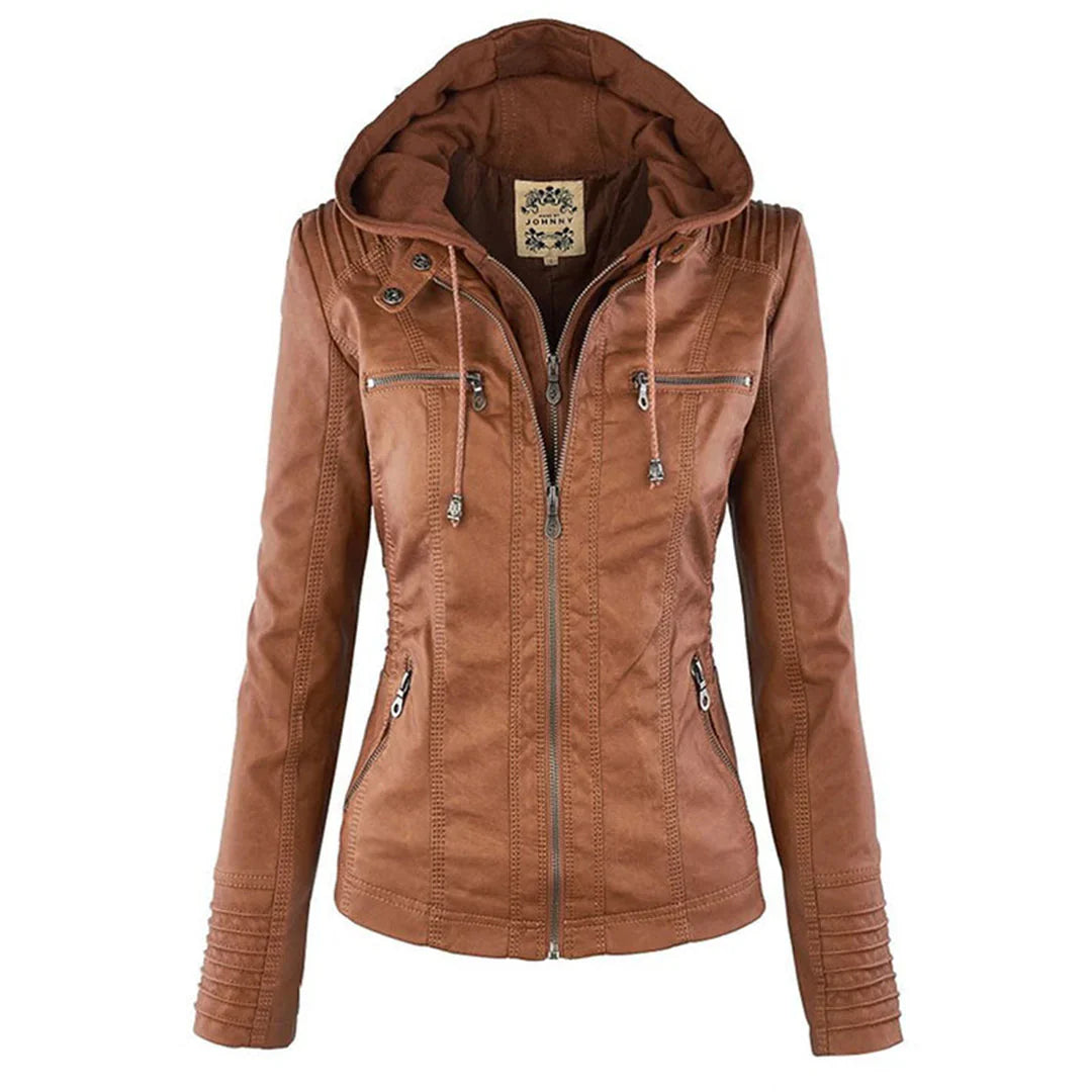 Melody – Faux Leather Biker Jacket with Hood