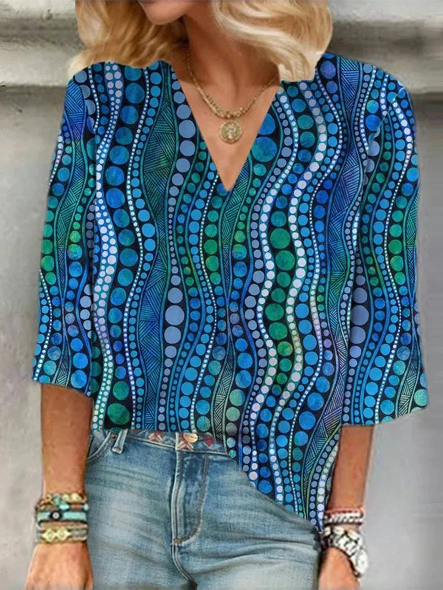 Abstract Polkadot Blouse with Flattering V-Neck