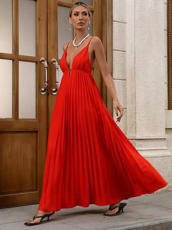 Pleated V-Neck Maxi Dress for Women