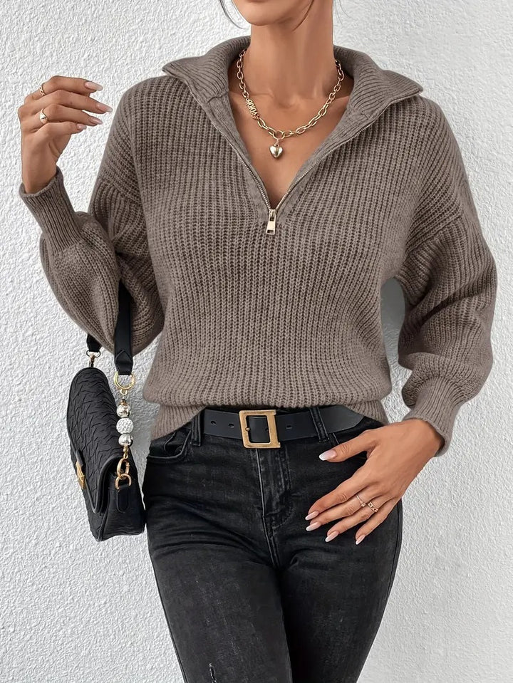 Casual Zip Up V-Neck Sweater for Women